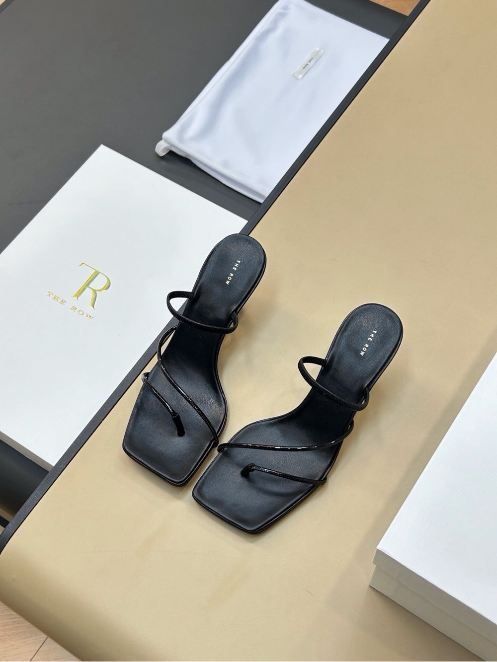 The Row Black Leather Strappy Slide Sandals